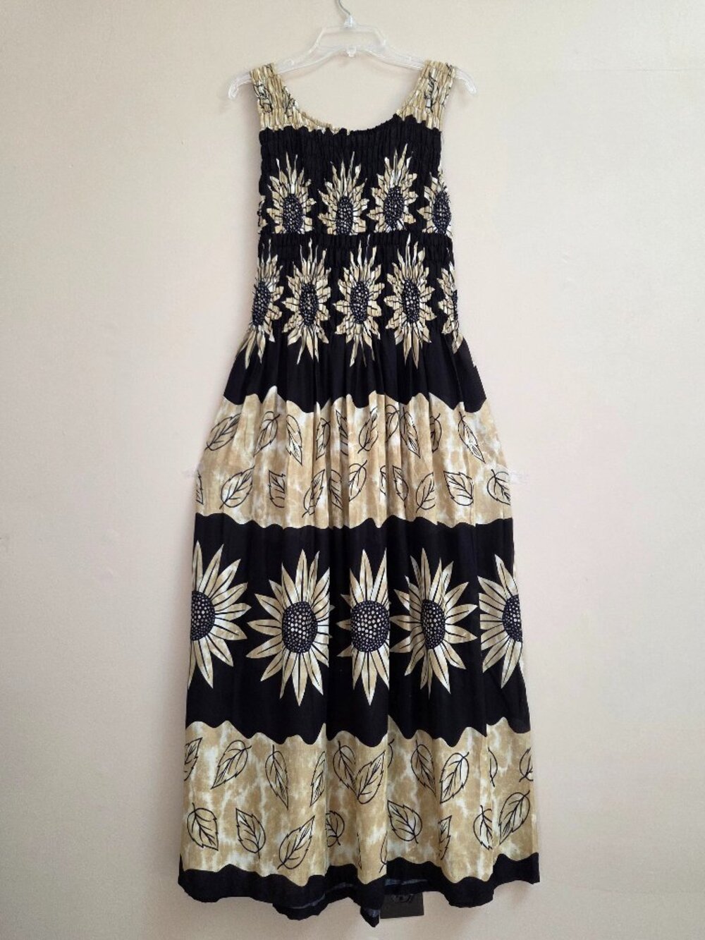 Thai Sunflower L Maxi Tank Dress Smocked Peasant Soft Rayon Breezy Resort Cruise